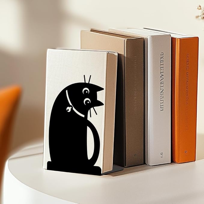 Cute Office Decor Metal Bookends for Shelves, Adorable Black Cat Decor Book Ends Decorative for Home and Office Desk Bookshelf Decor Cat Lover Gifts for Women & Book Enthusiasts