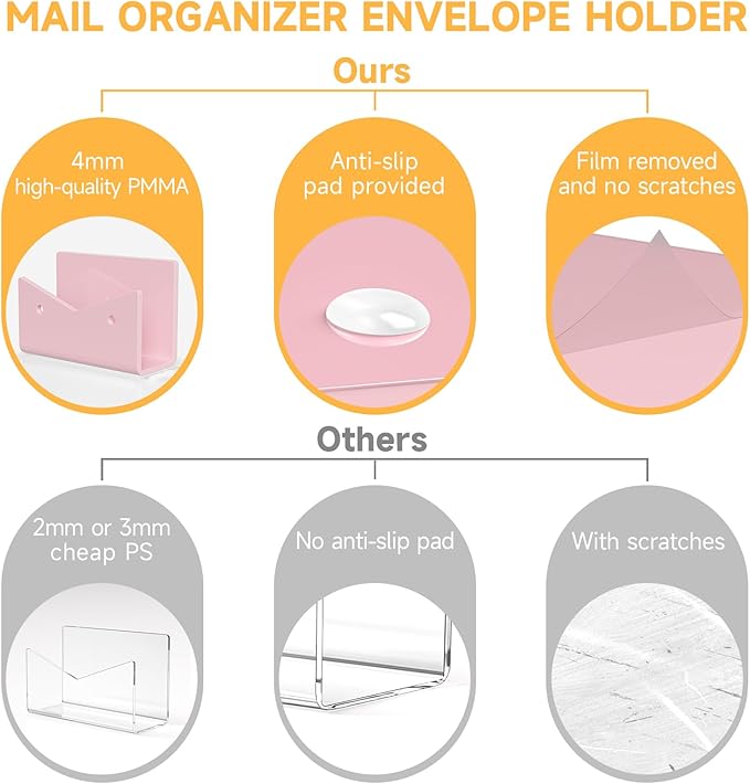 Mail Organizer Envelope Holder - Pink Acrylic Mail Holder Countertop Vertical Desk Organizer Small File Bill Document Notebook Letter Sorter for Home School Office Supplies