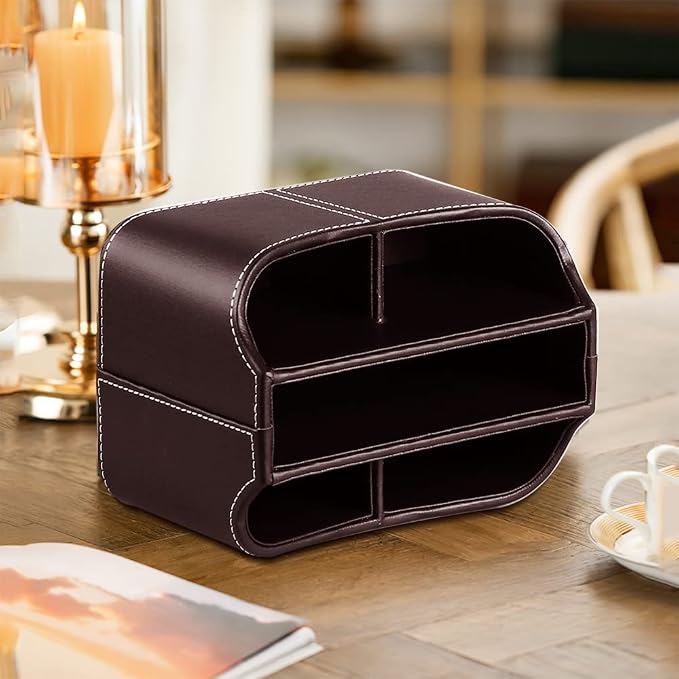 360° Rotating Remote Control Holder, PU Leather TV Remote Caddy Organizer Basket Storage Box with 5 Compartments for Pen, Pencil, Art Supplies, Makeup Brush, Office Desk Table Accessories