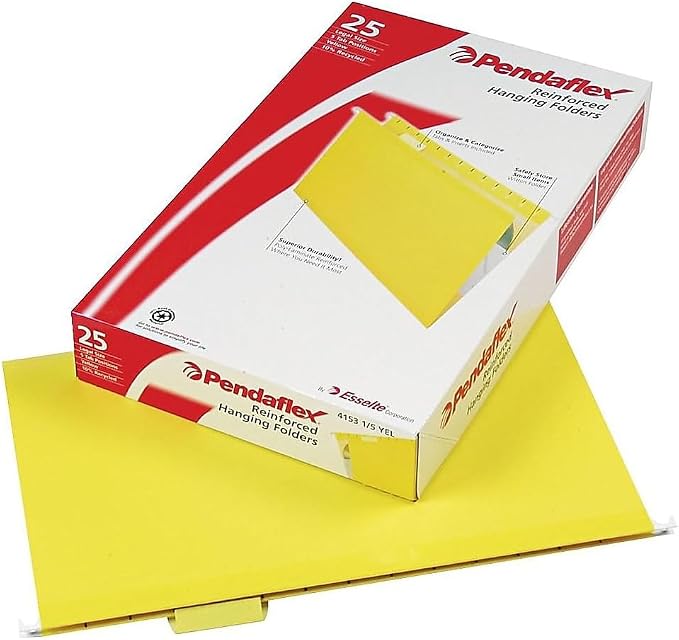 Pendaflex 04153 1/5 YEL Reinforced Hanging Folders, Legal Size, Yellow, 1/5 Cut, 25/BX (4153)