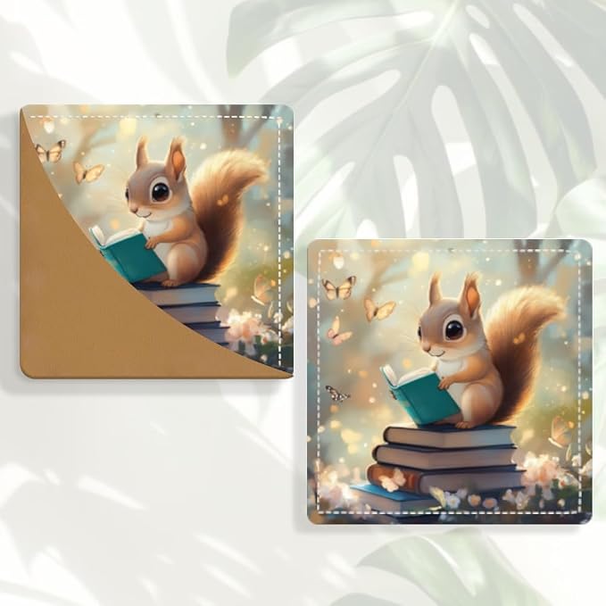 2PCS PU Leather Bookmarks 3.5x3.5 Inch Squirrel Reading Design | PU leather bookmarks with squirrel reading design for story books, class notes, journals, young readers and book lovers