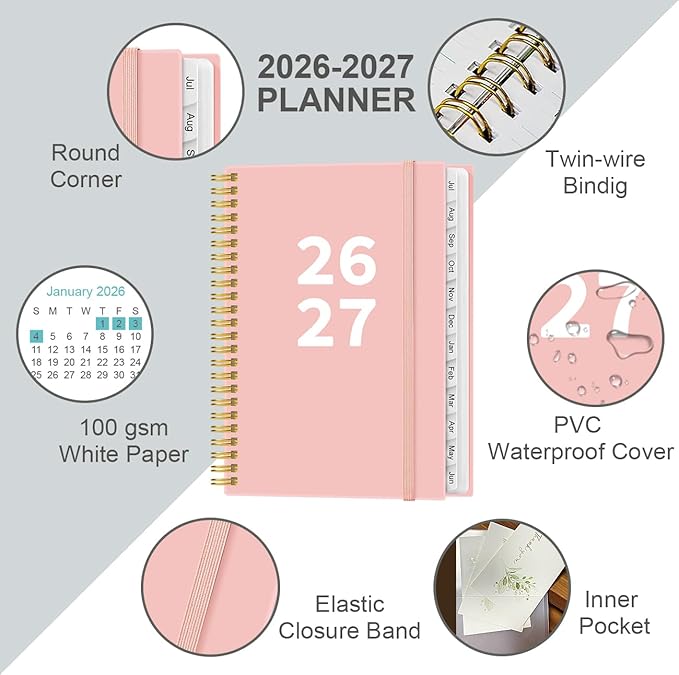 2026-2027 Planner - Planner 2026-2027 from July 2026 - June 2027, Weekly & Monthly Planner Spiral Bound with 12 Monthly Tabs, Inner Pocket, 6.4" x 8.5", Pink-A