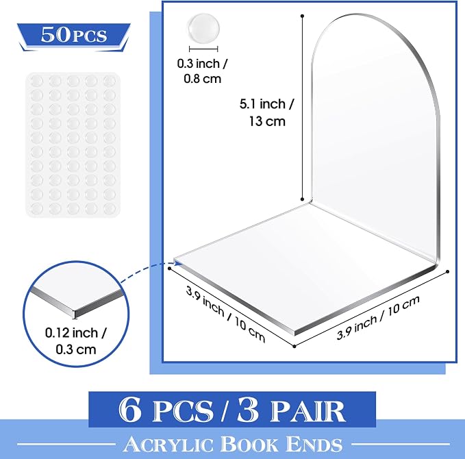 Leinuosen 6 Pcs Acrylic Clear Book Ends with Silicone Pad Non Skid Book Holders Arch Shape Heavy Duty Bookends Stoppers for Movies, CDs, Video Games (Clear)