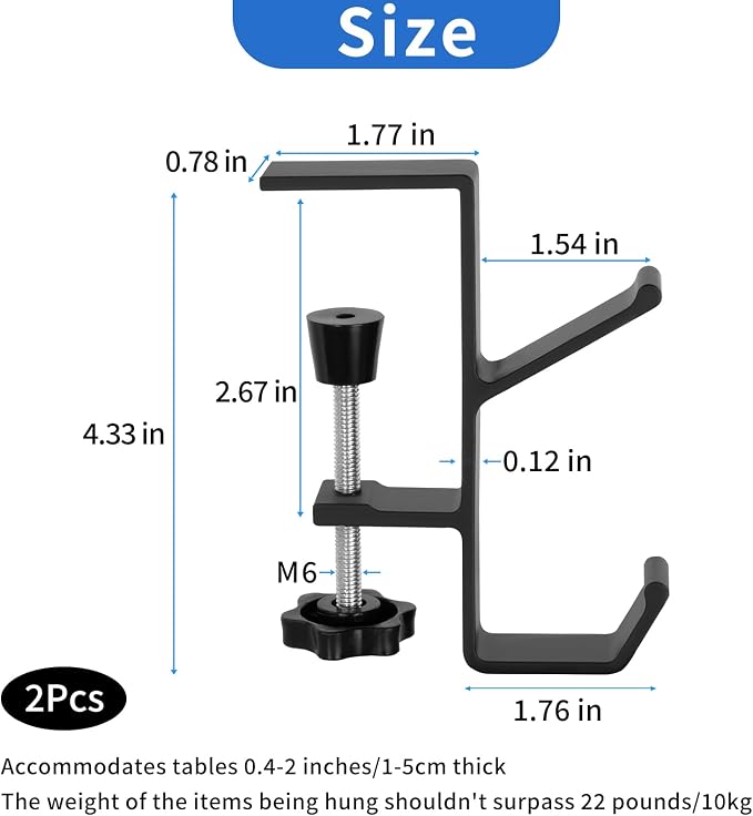 Plus tard 2Pcs Desk Hook, Purse Hook for Desk Adjustable Bag Holder for Table, Hooks for Backpacks Under Counter Table Hanging Storage, Workspace Organizer Holder