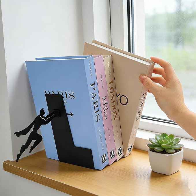 Superhero Decorative Bookends for Shelves, Metal Book Ends for Heavy Books, Non Slip Book Stoppers with Flying Hero Design, Decorative Shelf Book Holders for Home Office Kids Room Library Decor(Black)
