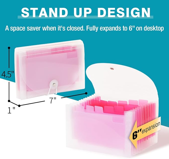 H4D Coupon Receipt Holder, 13 Pocket Accordion File Organizer, 7x4.5 Inches, Pink