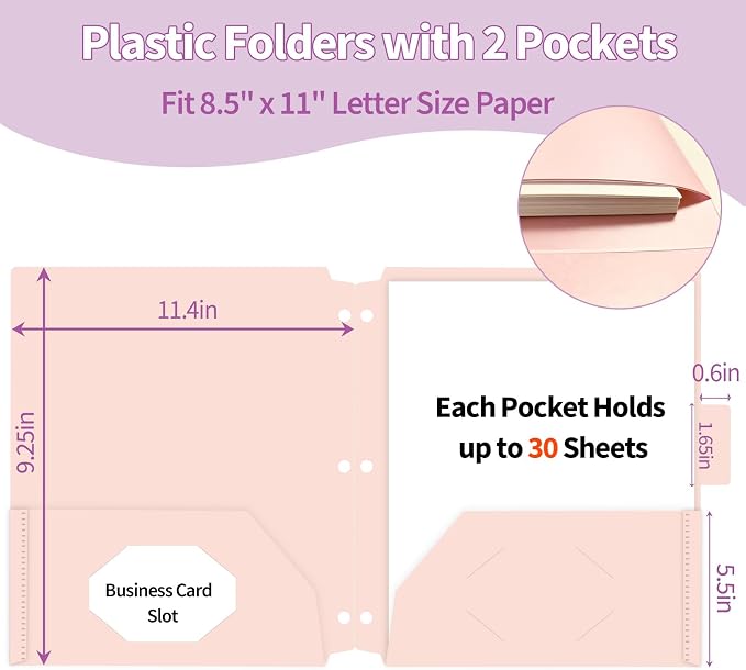 Binditek 18 Pack Pastel Pocket Folders for 3 Ring Binder, Plastic Folders with 2 Pockets, Unique 1/3 Cut Tabs with Colorful Labels, for Office Classroom, Letter Size