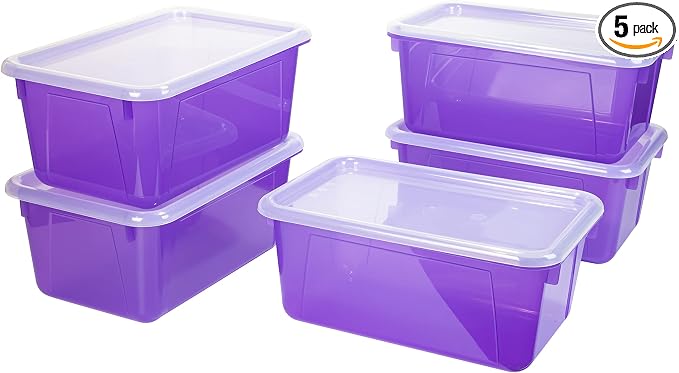 Storex Small Cubby Bins – Plastic Storage Containers for Classroom with Non-Snap Lid, 12.2 x 7.8 x 5.1 inches, Tint Violet, 5-Pack (62484A05C)