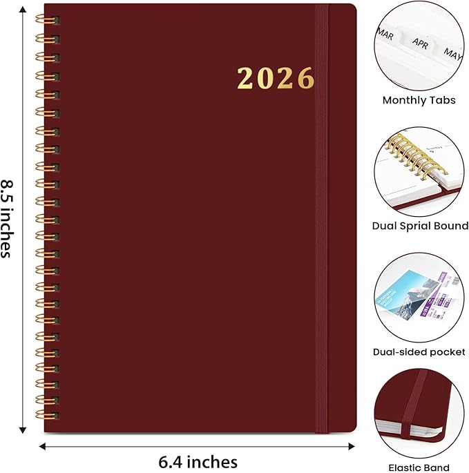 2026 Planner, Weekly and Monthly Calendar Planner Book, January 2026 - December 2026, Hardcover Spiral Planner with Monthly Tabs, Notes Pages, Perfect for Women & Men, A5 (6.4" x 8.5") - Burgundy