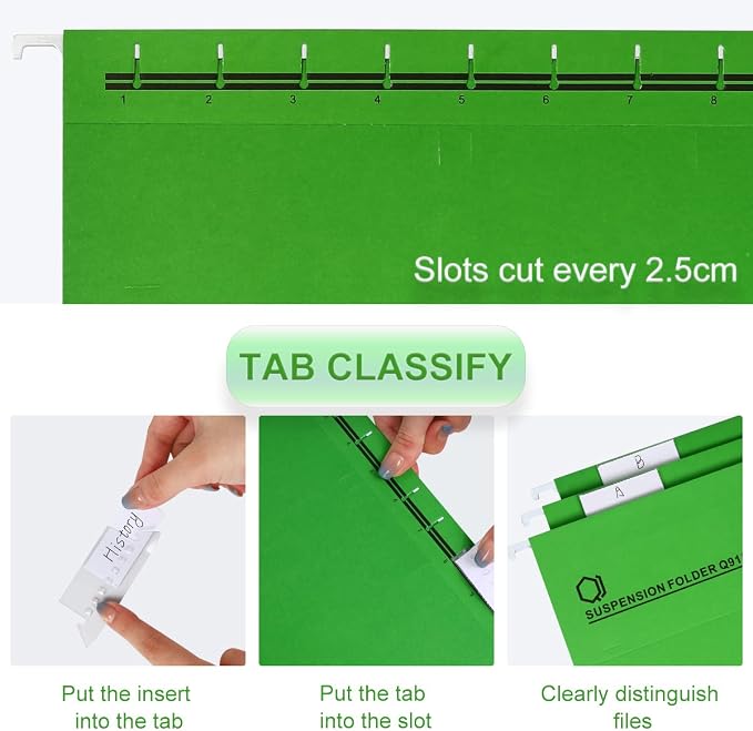 A4 Hanging File Folders, 25 Pcs Recycled Card File Folders for Filing Cabinet with Tabs and Card Inserts, Hanging Files Storage Folders for Office and School, Green