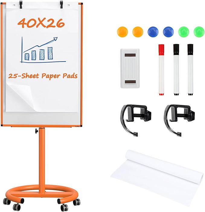 Mobile Whiteboard, 40x26 Inches White Board on Wheels, Magnetic Dry Erase Board with Stand, Portable Standing Dry Erase Board for Classroom, School, Office, Home, Teacher, with Flip Chart Paper