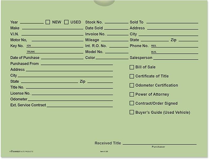 Printed Vehicle Deal Envelopes 9x12 Deal Jackets (100 shrink wrapped) (Green)