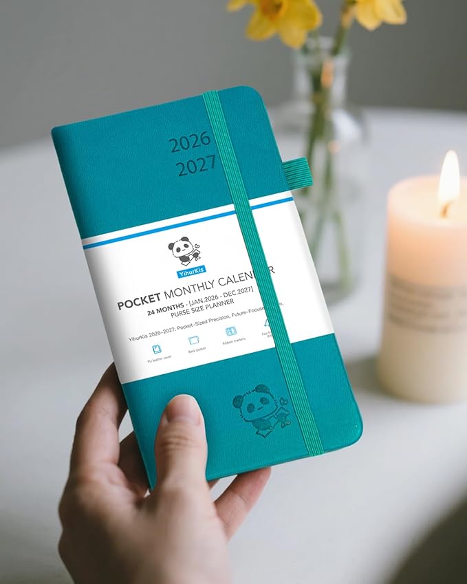 Pocket Monthly Planner 2026-2027 by YihurKis - 2 Year Pocket Monthly Calendar (Jan.2026 - Dec.2027), 4 Page Per Month with Expense Pages 3.5" x 6", Leather Hard Cover, 100GSM Thick Paper - Green