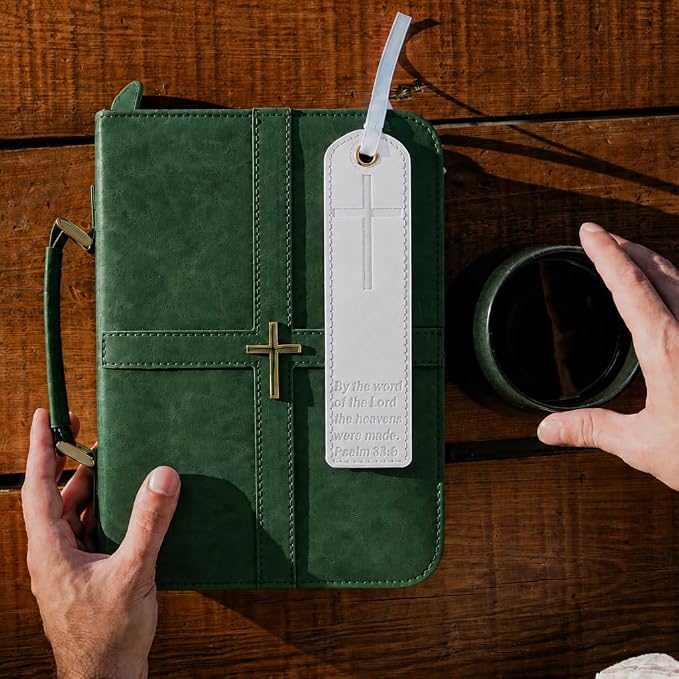 Bible Cover (U.S. Patent Pending), Discreet & Elegant Bible Case, Green PU Leather Bible Cover, Cross Design Bible Bags, Strong and Sturdy Book Case, Includes Premium Bookmark