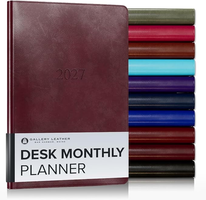 Gallery Leather Desk Monthly Planner 2027, Elegantly Bound Calendar Planner and Notebook with Stylish Gold-Gilded Page Edges, 18 Months - Acadia Burgundy - 8x5.5"