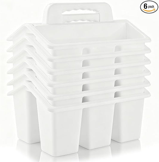 ALINK Classroom Caddy Storage Basket with Handle, 6 Pack Plastic Arts Office Crafts Caddy 4 Compartments for Kids, Pencil, Crayon, Marker, School Supplies - White