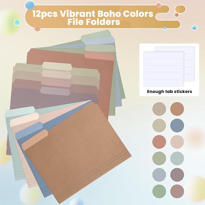 gisgfim 12 Pcs Two Tone Colored File Folders 1/3 Cut Tab Letter Size Manila File Folder with Tabs Decorative Assorted Position File Folders for Office School Business Home Organizer