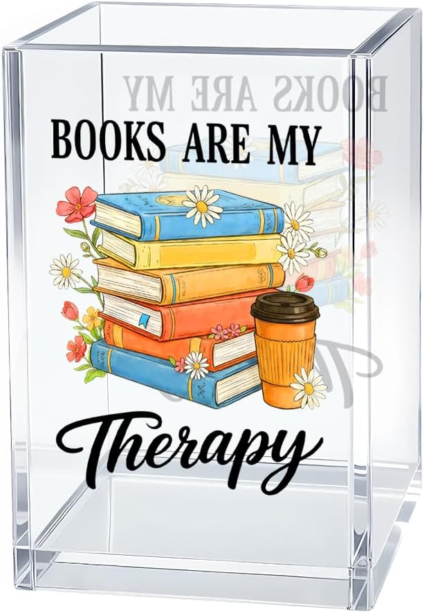 Books Are My Therapy Acrylic Pen Holder Cosmetic Organizer, Funny Book Pen Pencil Holders for Desk, Bookmark Holder for Bookshelf, Desk Accessories Bookish Gifts for Librarian Reader Teacher