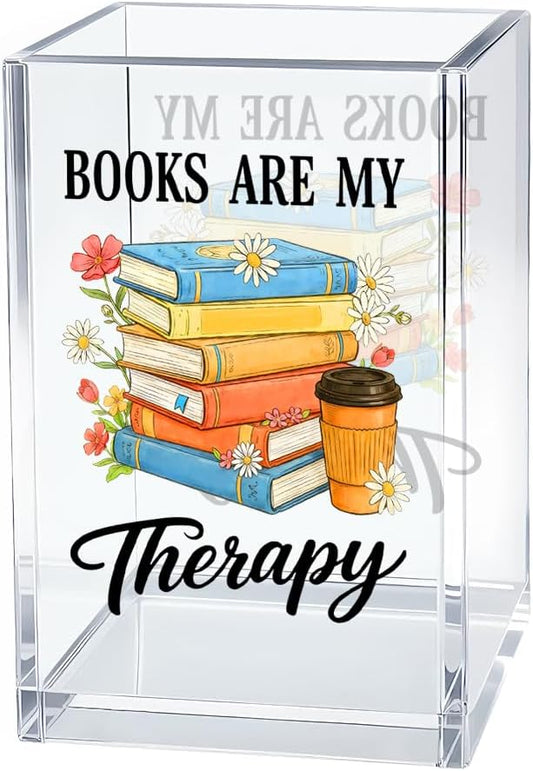 Books Are My Therapy Acrylic Pen Holder Cosmetic Organizer, Funny Book Pen Pencil Holders for Desk, Bookmark Holder for Bookshelf, Desk Accessories Bookish Gifts for Librarian Reader Teacher
