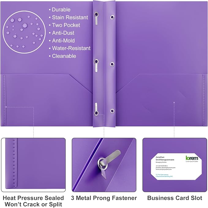 Cholemy 72 Packs Pocket Folders with Prongs Heavy Duty Plastic Folder with Business Card Slot 3 Prong Fasteners for School Office (Dark)