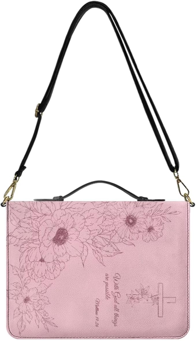 Pink Bible Covers for Girls, Medium Faux Leather Bible Cover Case with Zipper, Handle & Detachable Adjustable Strap – Floral Design with Matthew 19:26 – Christian Gift for Church or Study