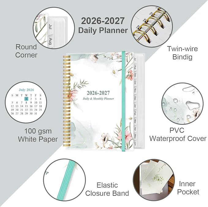 Daily Planner 2026-2027 Full Page Per Day- 2026-2027 Daily & Monthly Planner from July 2026 to June 2027, Day Planner 2026-27 with 12 Months Tabs, 8.5" x 11", Pink Flowers