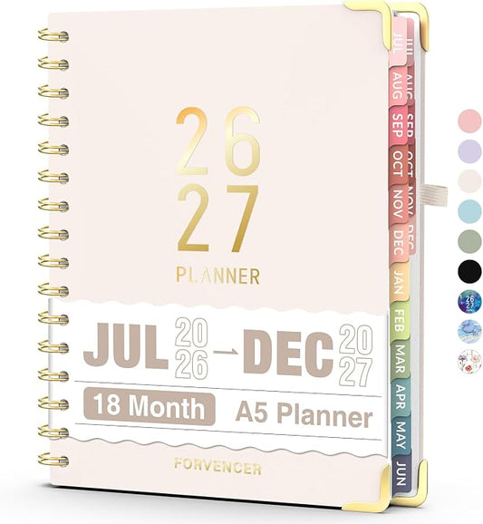 Jul 2026 - Dec 2027 Planner, Forvencer 18 Month Academic Planner 2026-2027, 6.3" x 8.4", Calendar Planner Weekly and Monthly, Daily Agenda Book, College School Supplies for Student Teacher, A5, Beige