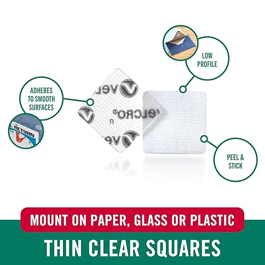 VELCRO Brand Thin Clear Mounting Squares | 7/8 Inch Pack 12 | Adhesive Sticky Back for Homeschool Supplies, Kids Crafts, or Home Office | Strong Hold, Low Profile (91330)