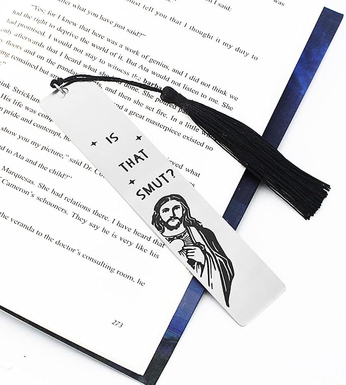 Peeking Jesus is that Smut?Bookmark Inscribed with Hilarious Text and Tassels for Book Lovers,Funny Bookmarks for Adults Humor(Metal Black)