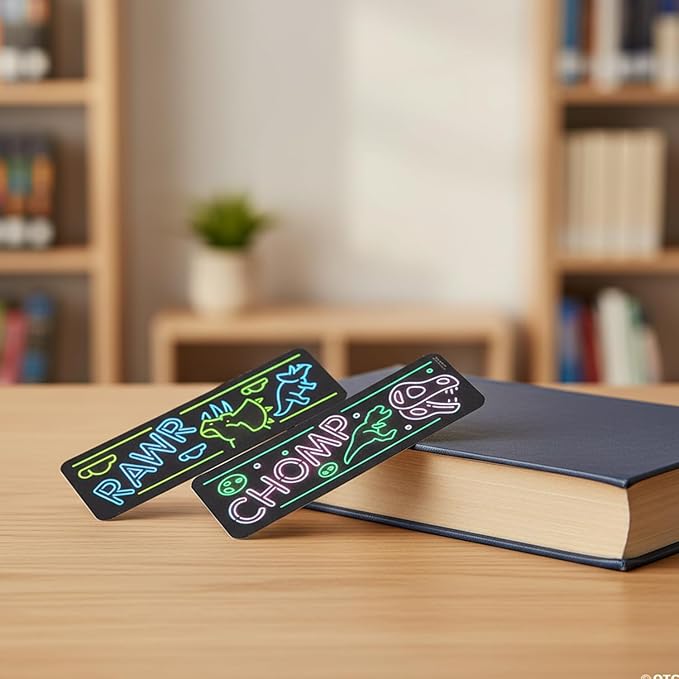 Fun Express 2" x 6" Bulk 48 Pieces Glow-in-The-Dark Neon Dinosaur Bookmarks