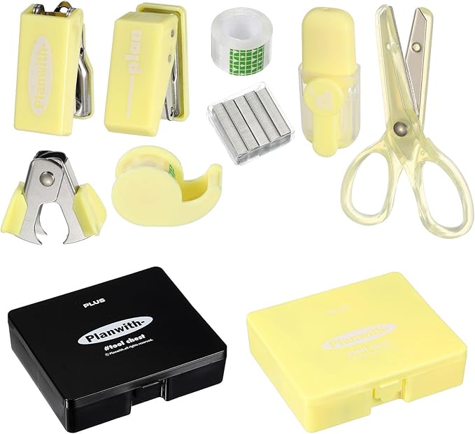 PATIKIL 2 Pack Office Supplies Set, 8pcs Desk Supplies Set Stapler Tape Dispenser Scissors Accessories Kit Mini Office Supply Kit Cute Small for Desk Women Organizer, Black Yellow