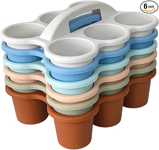 RAUVOLFIA 6 Pack Classroom Caddy Storage Basket with Handle, Plastic Drink Cup Caddy Holder, 6 Compartments for Kids, Table, Office, Arts, Crafts, Crayon, Marker, Pencil, School Supplies (Boho)