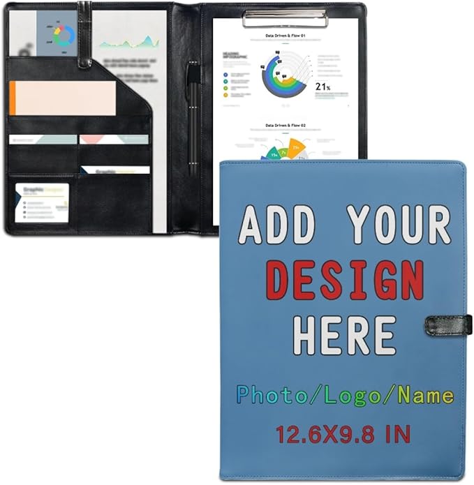Personalized Padfolio with Logo Photo Name, Custom Business Portfolio Folder for A4 Clipboard Documents/Card Holder, Steelblue