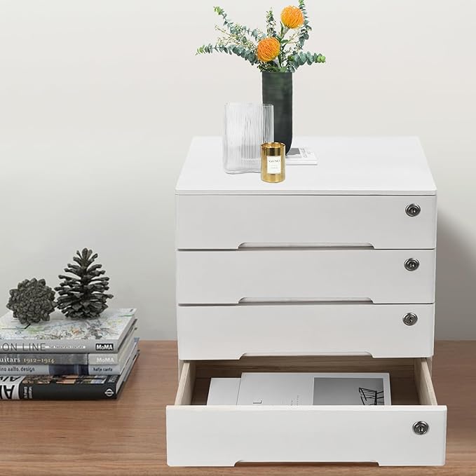 4-Tiers Wooden Desktop Storage Box with Lockable Drawers, Office Supplies File Organizer, Flat File Cabinet Store Stamps, Sticky Notes, Paper Clips, Scissors, for Office, Study, White