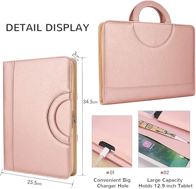 Darolin Zippered Leather Padfolio Portfolio with [Hidden Handle] and [Clipboard], Business Conference Portfolio Organizer Notepad Folder, Padfolio for Women/Men (Rosegold)