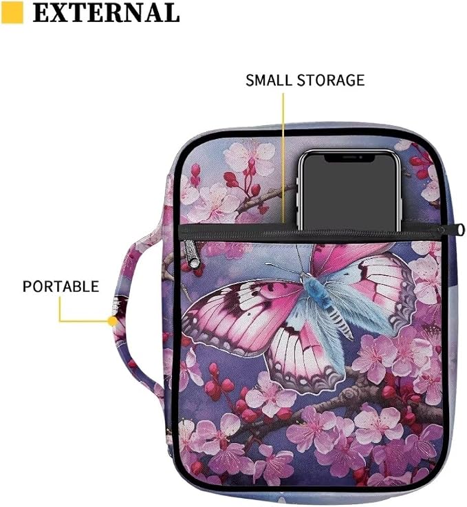 Coldinair Butterfly Bible Cover for Women Nylon Bible Holder Carrier Peach Blossom Carrying Organizer Bible Bag, Zipper and Pockets for Standard Large Size Bible