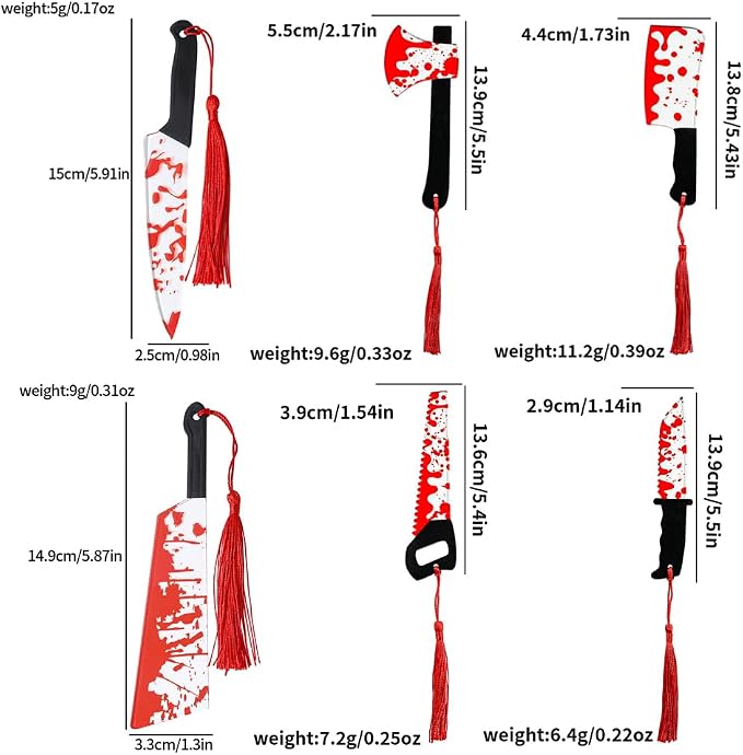 Horror Movie Knife Acrylic Bookmark, Gothic Character Dagger with Tassel,Book Lover Book Mark Halloween Gift (6PC Red Knife)