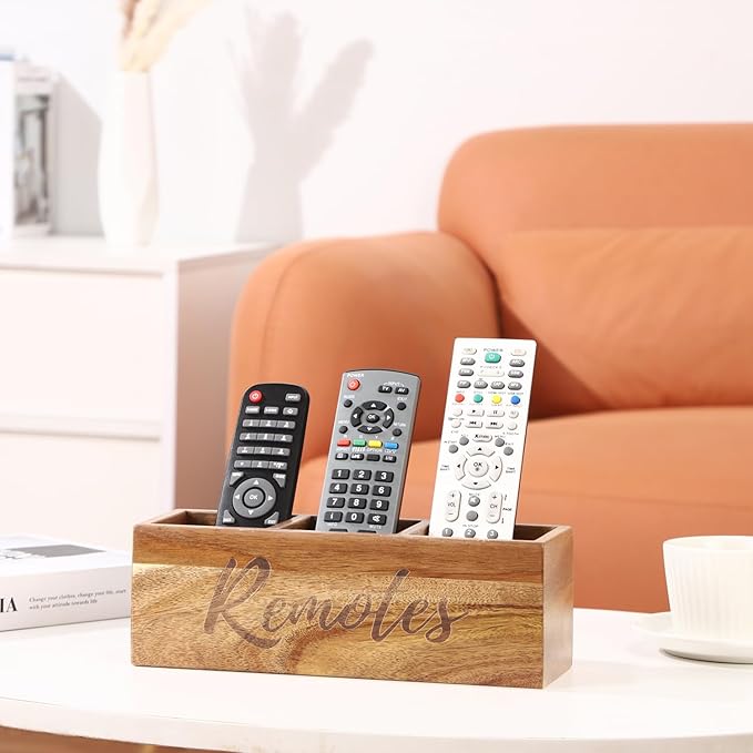 Remote Control Holder, Acacia Wooden Pencil Holder TV Remote Holder with 3 Compartments, Remote Caddy for Table, Small Desktop Organizer for Home Office