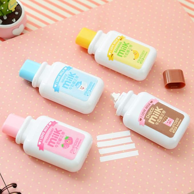 4PCS Milk Bottle Style Correction Tape,Cute Kawaii Stationery Tear Resistant White Tapes for School Office Supplies(Random Color)