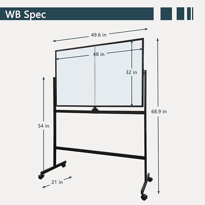 Mobile Whiteboard 48” × 32” with Rolling Stand, Double Sided Dry Erase Board on Wheels, Adjustable Height & 360° Rotation, White Frame for Office Classroom Home