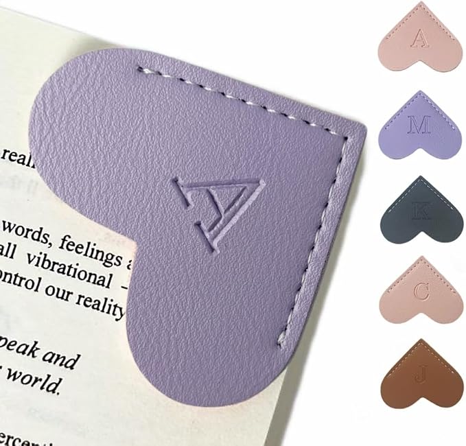Personalized Leather Book Marks, Heart Bookmark, Unique Cute Handmade Letter Bookmarks Accessories for Reading Women, Teacher, Student, Book Lovers Book Mark Gifts (Purple, A)