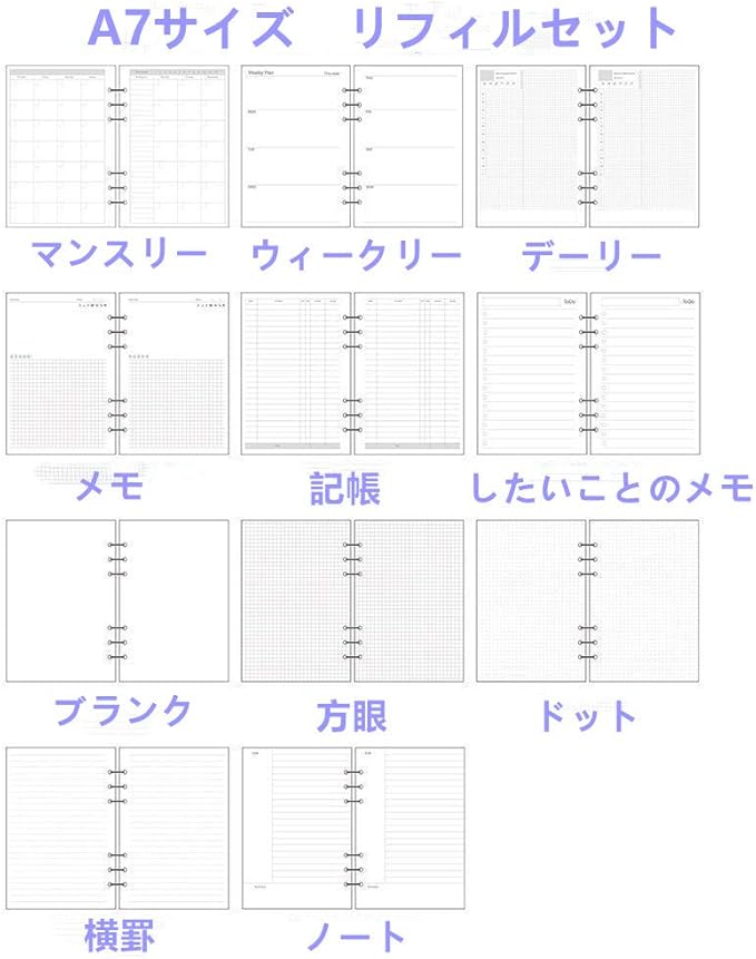 A7 Planner Inserts for 11 Packs, A7 Agenda Refill, 100 gsm Thicker Paper/4.84 x 3.23'', 45 Sheets(90 Pages) per Pack, 11 Designs Included, for 6 Holes Pocket Binder, Harphia