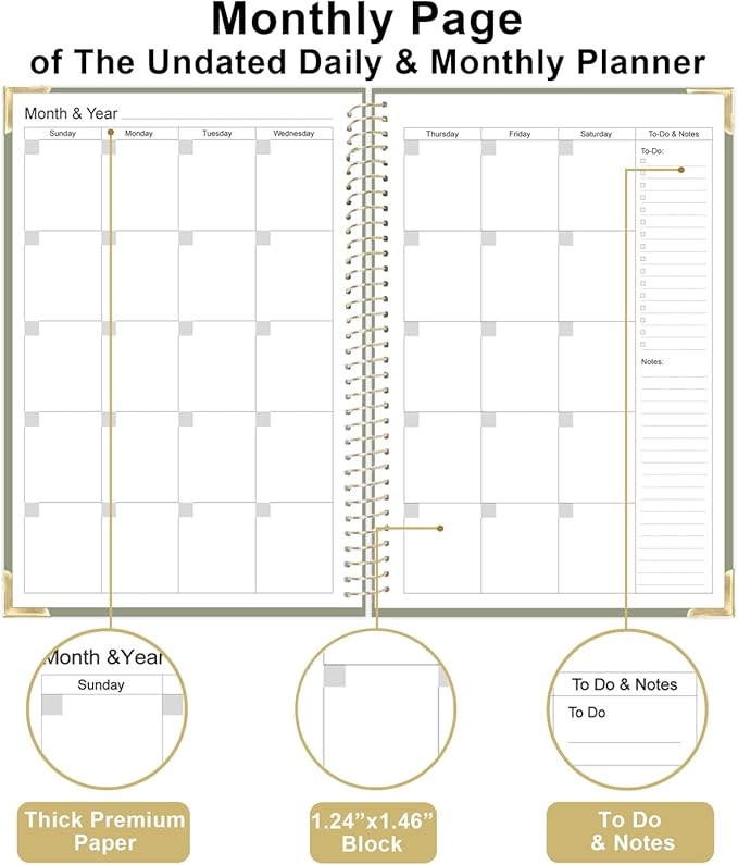 Undated Daily Monthly Planner for 2026 or Anytime - A5 To Do List with Hourly Schedule, Hardcover Spiral Bound Daily Planner to Increase Focus, Stylish School/Office Supplies, 5.8" x 8.5", Green