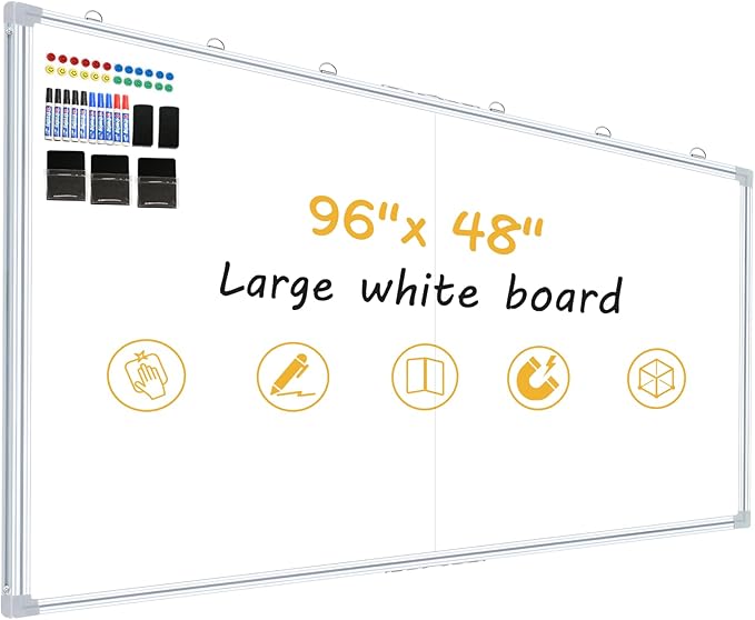 Offi- eqp 96"X48" Magnetic Whiteboard - Dry Erase Board, 8x4 Ft, Foldable Design, Non-Glare Coated Surface Large Wall Board, Silver Frame for Classroom and Meeting Room (Professional Kit Included)