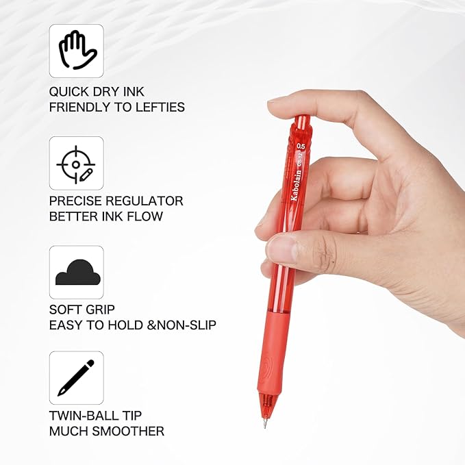8 Pcs Red Ink Gel Pens, 0.5mm Retractable Ballpoint, Fine Point Smooth Pens with Soft Grip, Office Pen School Supplies for Writing