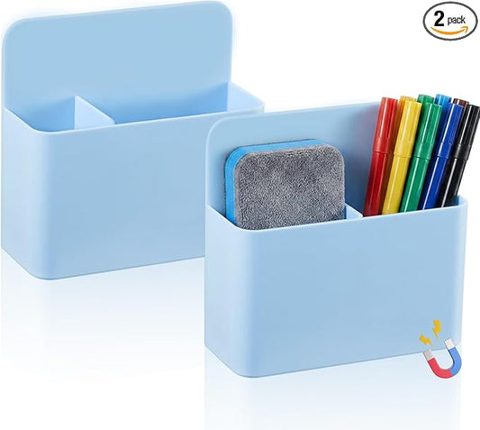 2 Pcs Magnetic Dry Erase Marker Holder Magnetic Pen Holder for Whiteboard Magnet Pencil Storage Organizer for Office Refrigerator Locker Classroom Organization Metal Cabinets (Blue)