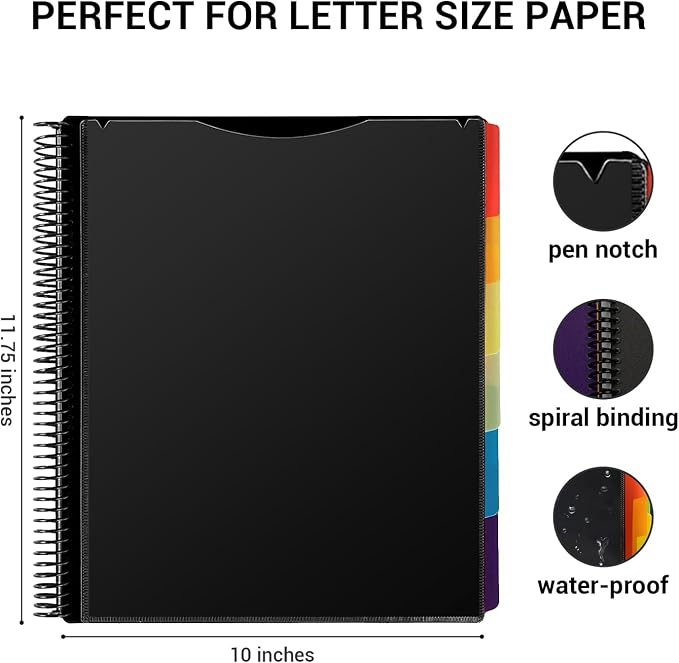 Mukawa 12 Pocket Poly Project Organizer, Spiral Project Folder Multi Pocket Folder Binder Letter Size, Back Cover Utility Pouch, 1/6 Cut Tabs, 6 Tab Color Dividers (Pack of 2)