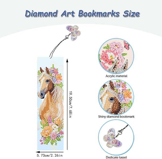 10 Pcs 5D Diamond Art Bookmarks for Reading Lovers, Handmade DIY Diamond Painting Book Marks with Tassels for for DIY Making Beginners Adults Arts Craft Supplies (Horse)