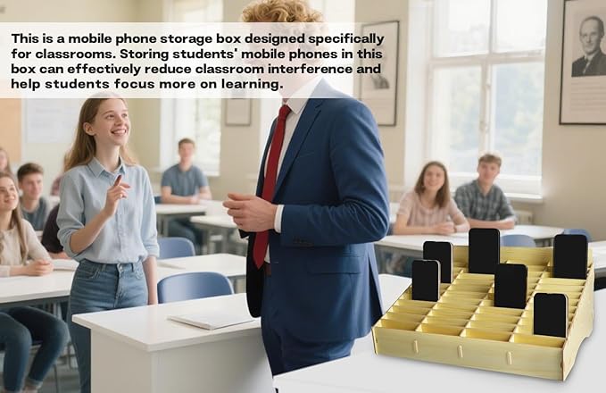 HengTianMei 48 Grid Classroom Cell Phone Holder, 48 Grid Cell Phone Storage Box for Student Management, Wooden Calculator Organizer Caddy for School Office