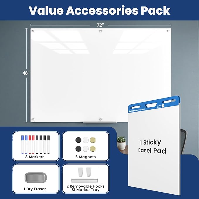 Large Glass Whiteboard, Enhanced Magnetism Glass Dry Erase Board for Wall, 72" x 48" Magnetic Pure White Tempered Glass Board, 6' x 4' Big White Board for Home, Office, School